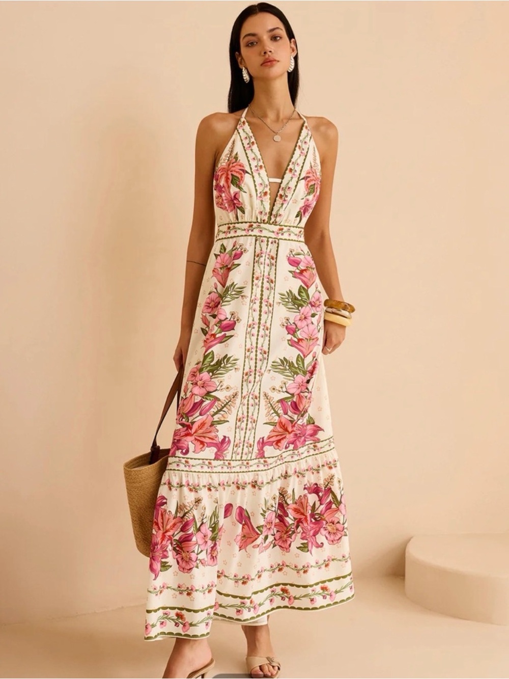 Commense Pink Floral Halter Dress